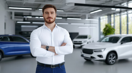 A confident male car salesman with folded arms stands in a modern showroom with various vehicles displayed in the background.