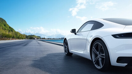 A sleek white luxury sports car is parked on a scenic coastal road with mountains and a blue sky in the background.