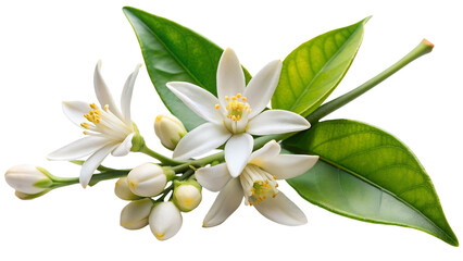 Neroli flowers. Citrus aurantium Neroli blossom on twig isolated on on white transparent background, cut out png element.
