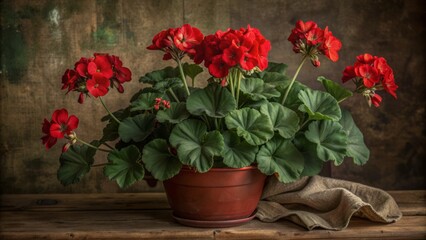 Vibrant red geranium blooms burst with joy against a dramatic dark charcoal background, evoking feelings of warmth, comfort, and cozy familiarity in this still life arrangement.