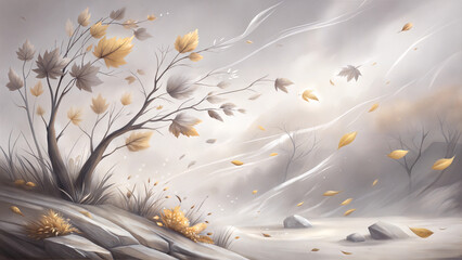 Autumn landscape with falling leaves and a gentle breeze in a serene, neutral background
