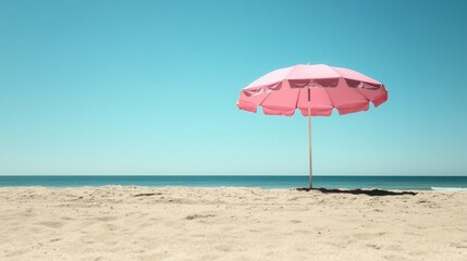 A pink parasol on a sandy beach, symbolizing relaxation and leisure