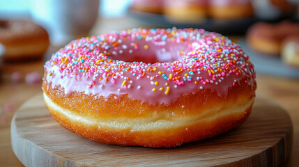 Single donut with pink icing and colorful sprinkles is sitting on a wooden plate, ready to be enjoyed