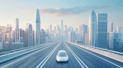Fototapeta premium Futuristic cityscape featuring an autonomous car driving on a modern highway, surrounded by skyscrapers and a clear sky.