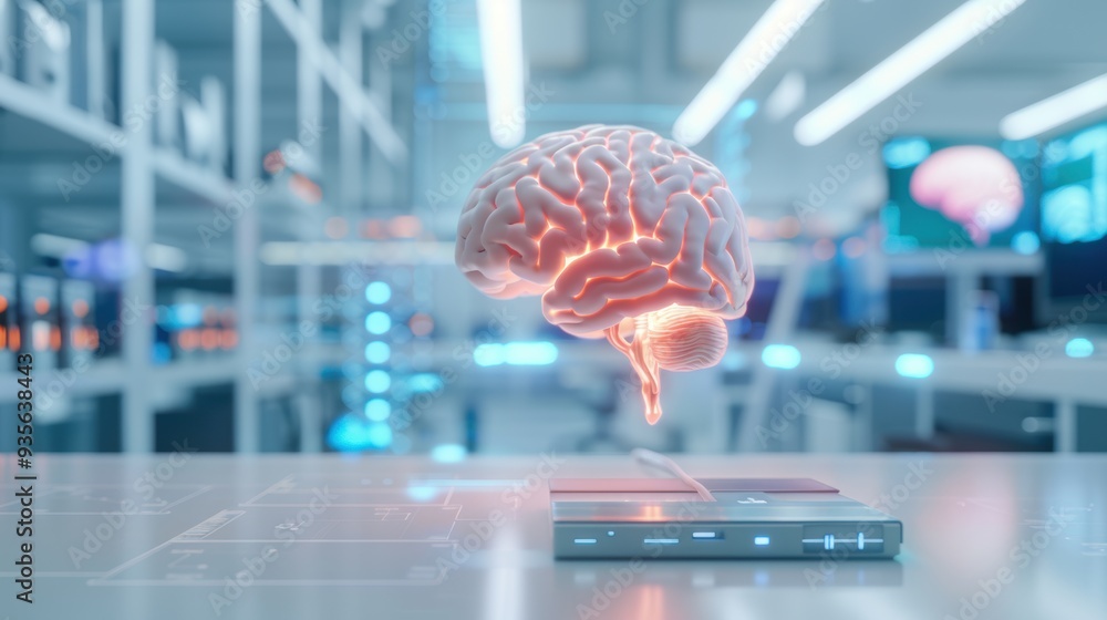 Poster futuristic digital brain representation in a tech environment, showcasing innovation and artificial 