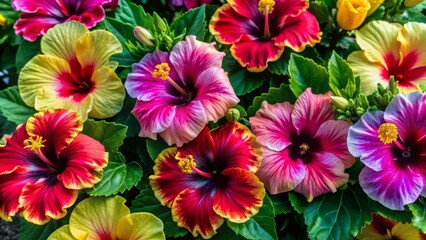 Vibrant hibiscus flowers in full bloom, showcasing a kaleidoscope of colors, delicately arranged to create a breathtaking visual spectacle with a harmonious blend of pastel hues.