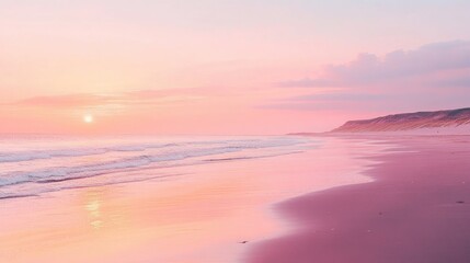 A pink pastel sunset over a quiet beach, creating a serene scene
