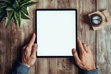 Mockup image of male hands holding black tablet pc with blank white desktop screen while sitting in cafe