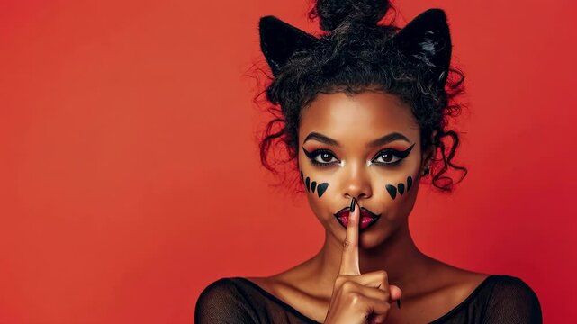 A model showcases an artistic halloween cat-inspired makeup look, complete with playful feline features and a whimsical pose, set against a bold orange background.