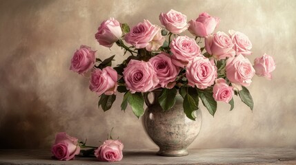 Obraz premium A pink rose bouquet in a vintage vase, symbolizing love and timeless beauty