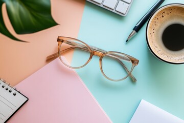 Stylish glasses on a colorful desk background. Perfect for creative work or study. Capture your focus and inspiration. Elevate your workspace aesthetics. Generative AI