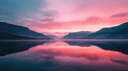 Obraz premium A pink sky at dusk over a tranquil lake, reflecting the calm waters below