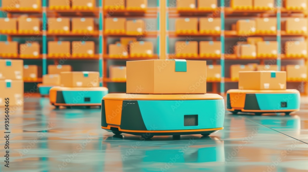 Poster modern robotic system in a warehouse efficiently managing packages and enhancing logistics operation