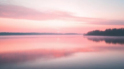 A pink sunset over a calm lake, reflecting the soft colors of the sk