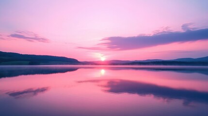 Fototapeta premium A pink sunset over a calm lake, reflecting the soft colors of the sk