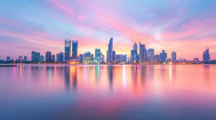 Obraz premium Stunning skyline at sunset reflecting on water, showcasing vibrant colors and modern architecture in a serene urban landscape.