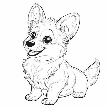 recommend clip art: Happy Corgi puppy sitting with large ears and fluffy tail. Black and white line art illustration. Cute animal character design for coloring book. Generative AI