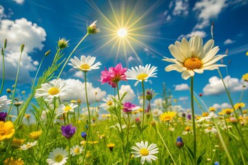 Vibrant blooming wildflowers sway gently in the warm breeze against a soft sunny blue sky with subtle fluffy white clouds on a serene summer day.