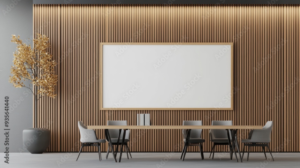 Poster modern 3d render of spacious office with mock-up frame and contemporary decor under soft lighting, g