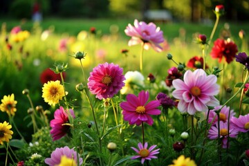 Vibrant blooms of pink, purple, and yellow flowers sway gently in a picturesque field, surrounded by lush greenery and illuminated by warm, soft sunlight.