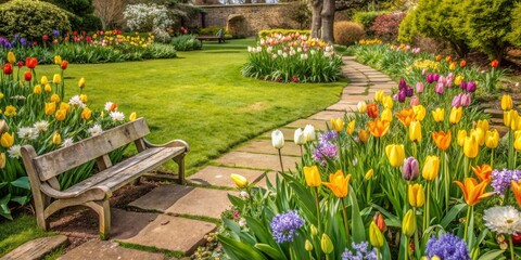 Fototapeta premium Vibrant tulips, daffodils, and hyacinths bloom in a lush green lawn surrounded by ornate stone pathways and rustic wooden benches in a serene spring garden.