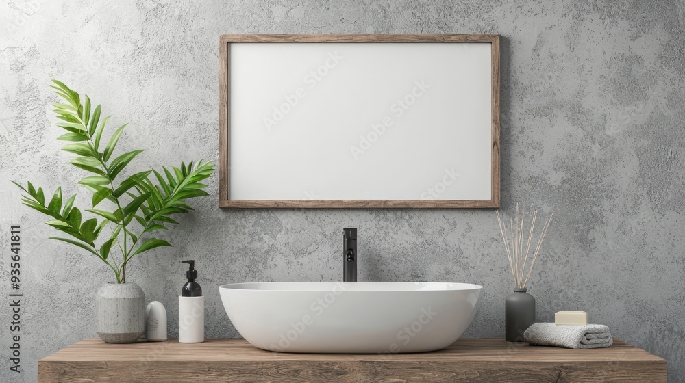 Poster modern bathroom interior with minimalist design and mock-up frame above sink in 3d render, generativ