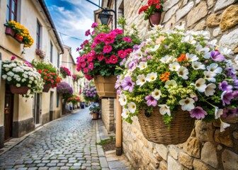 Vibrant petunias overflow from rustic hanging baskets, spilling colorful blooms down a historic cobblestone alleyway, creating a charming and picturesque floral scene.