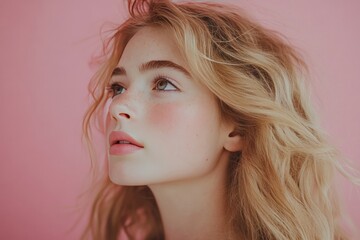 Naklejka premium Close-up Portrait of a Young Woman with Blonde Hair and Freckles