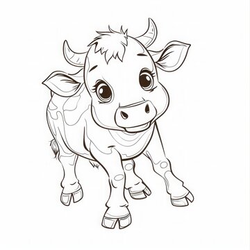 recommend clip art: Happy cartoon calf with large eyes and small horns standing. Black and white line art illustration. Cute animal character design for coloring book. Generative AI