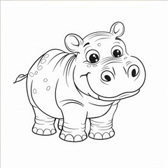 Fototapeta premium Happy cartoon hippopotamus with large eyes and smiling face. Black and white line art illustration. Cute animal character design for coloring book. Generative AI