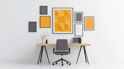 Contemporary Minimalist Home Office with Stylish Desk, Geometric Wall Art Frames, and Ergonomic Chair, Generative Ai