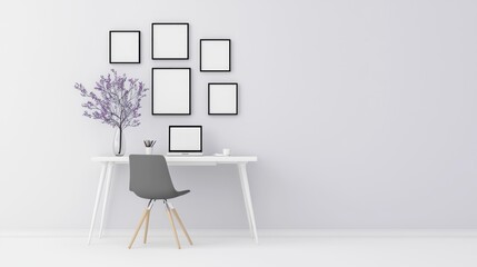 Modern Minimalist Home Office with Stylish Desk, Geometric Frames, and Ergonomic Chair, Generative Ai