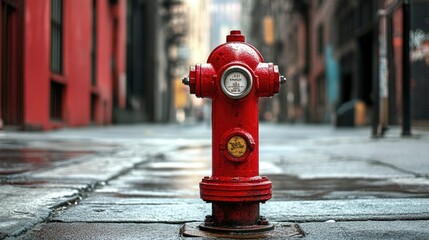 A red fire hydrant on a city sidewalk, symbolizing safety and urban life