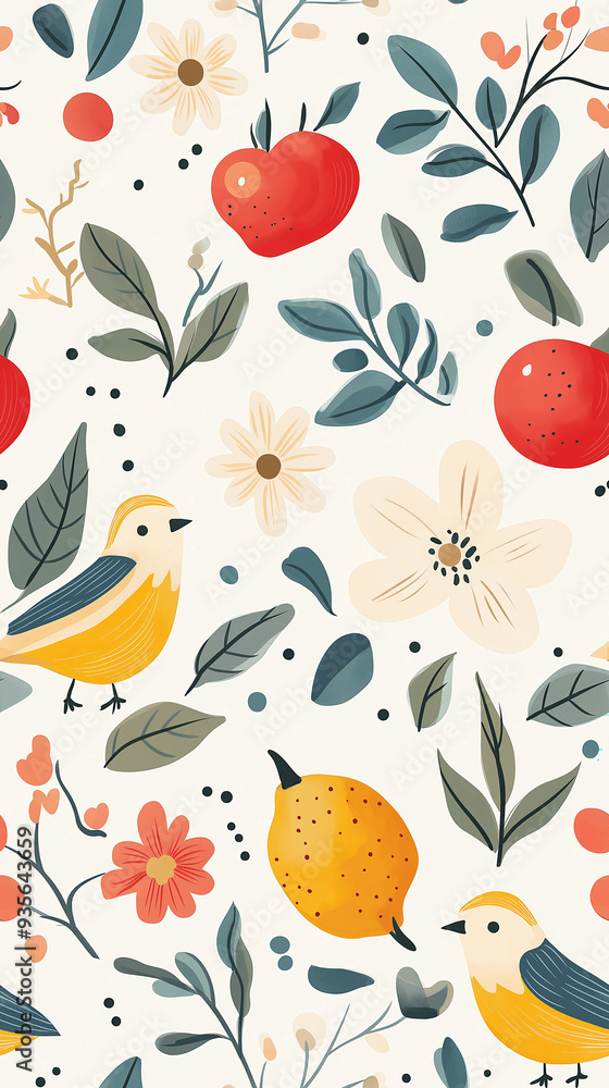 Poster Playful pattern of birds, fruits, and flowers in pastel colors, creating a fresh and lively design ideal for spring or summer-themed projects.