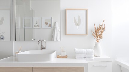 Fototapeta premium Chic Coastal-Inspired Modern Bathroom with Sleek Fixtures and Art Frames, Generative Ai