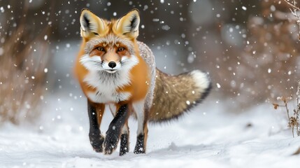 Obraz premium A red fox hunting in the snow, symbolizing survival and adaptability