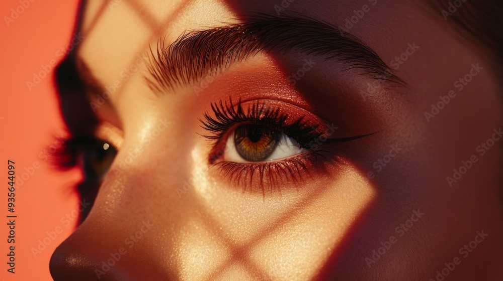 Aufkleber a woman's eye features bold makeup with warm colors, highlighted by striking shadows cast by a latti