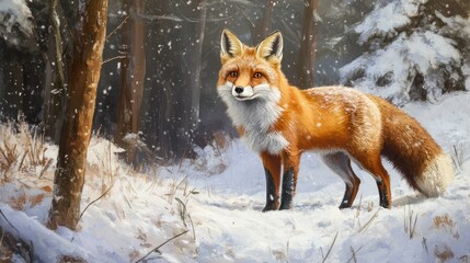 Fototapeta premium A red fox with a lush tail, standing alert in a snowy forest