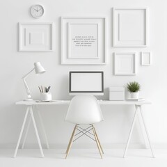 Serene Minimalist Workspace with Inspiring Wall Art and Stylish Lamp, Generative Ai