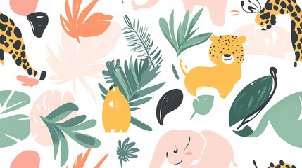 Cute animal-themed seamless pattern featuring various animals and leaves, designed in soft, pastel tones, perfect for children’s products or playful designs.