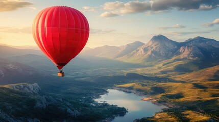 A red hot air balloon floating over a scenic landscape, symbolizing adventure and exploration