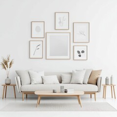 Modern Elegance in Chic Living Room with Mid-Century Sofa, Stylish Coffee Table, and Black-and-White Frames Adorning the Wall, Generative Ai