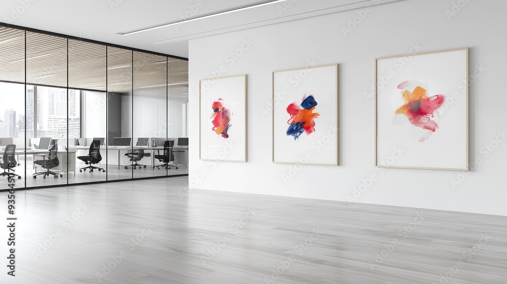 Poster futuristic office space with glass partitions and abstract art frames, high-resolution 3d rendering,