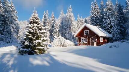 Naklejka premium 53. A festive holiday cabin with a decorated tree and a blanket of snow outside