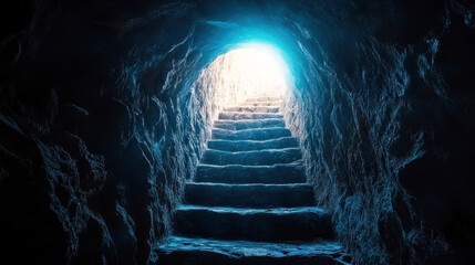 Light at the end of the tunnel cave, stone stairs leading to an ancient tomb with an open door and golden light shining through, a biblical scene for an Easter concept 