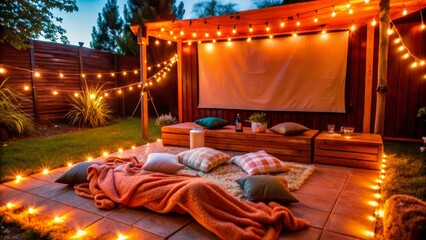 A serene backyard setup for an outdoor movie night, complete with a projector screen, cozy string lights, and plush blankets, evoking a sense of warm community gathering.
