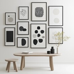Modern Monochrome Art Frames Adorning Minimalist Office - Detailed 3D Render, Generative Ai