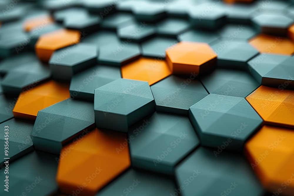 Poster a close up of a pattern of hexagons with some orange and blue