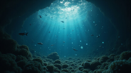 Naklejka premium underwater photo with light reflection from sunlight spreading into the ocean