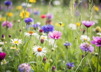 Fototapeta premium Vibrant wildflowers of various colors bloom amidst lush green grass and soft sunlit haze in a serene and idyllic natural meadow landscape.